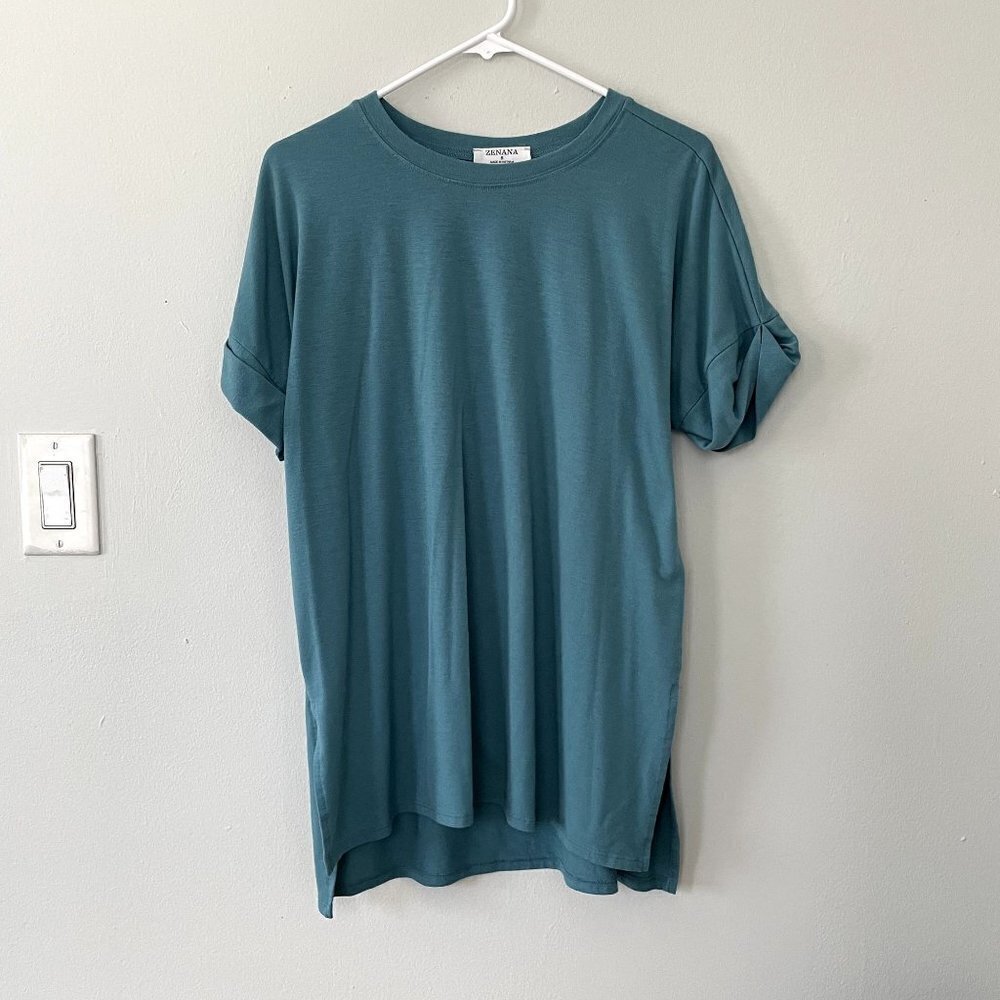 Zenana blue green turquoise short sleeved long shirt slit women size small